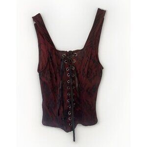 Social Collision Burgundy Black Lace Tie Front Corset Sz M Whimsigoth Fairy Punk
